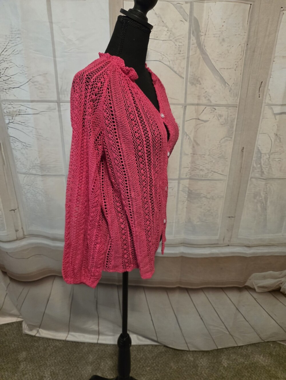 Pink Openwork Button-Front Womens Top - Picture 2 of 6
